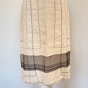 Rozae Nichols Cream Linen Straight Skirt with Hand Embroidered Appliqué